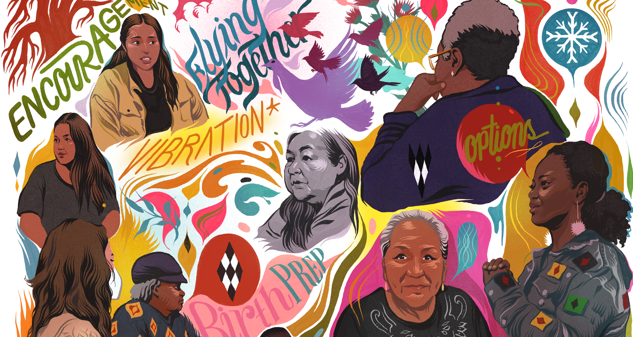 Artwork of various Black women with inspirational words like encourage and strong together.