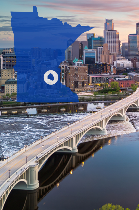 Minneapolis skyline with Minnesota state overlay