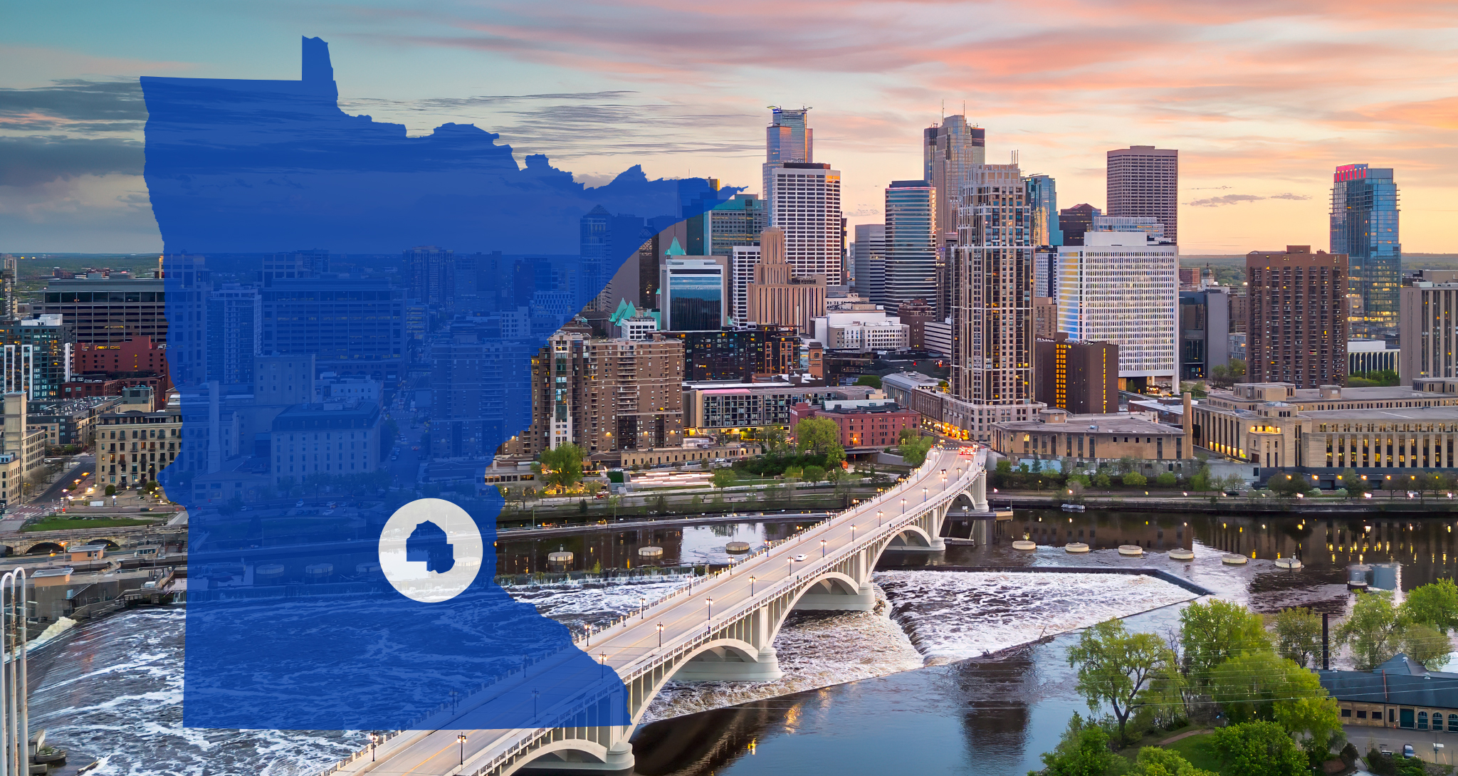 Minneapolis skyline with Minnesota state overlay