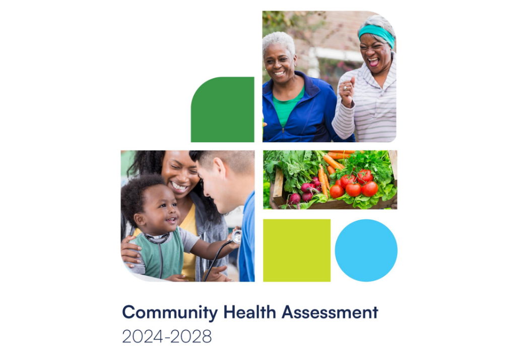 The title page of the Community Health Assessment for years 2024 through 2028. The design includes images of a parent and their baby at a doctor's appointment, two elders outside exercising together, and an image of fresh vegetables. 