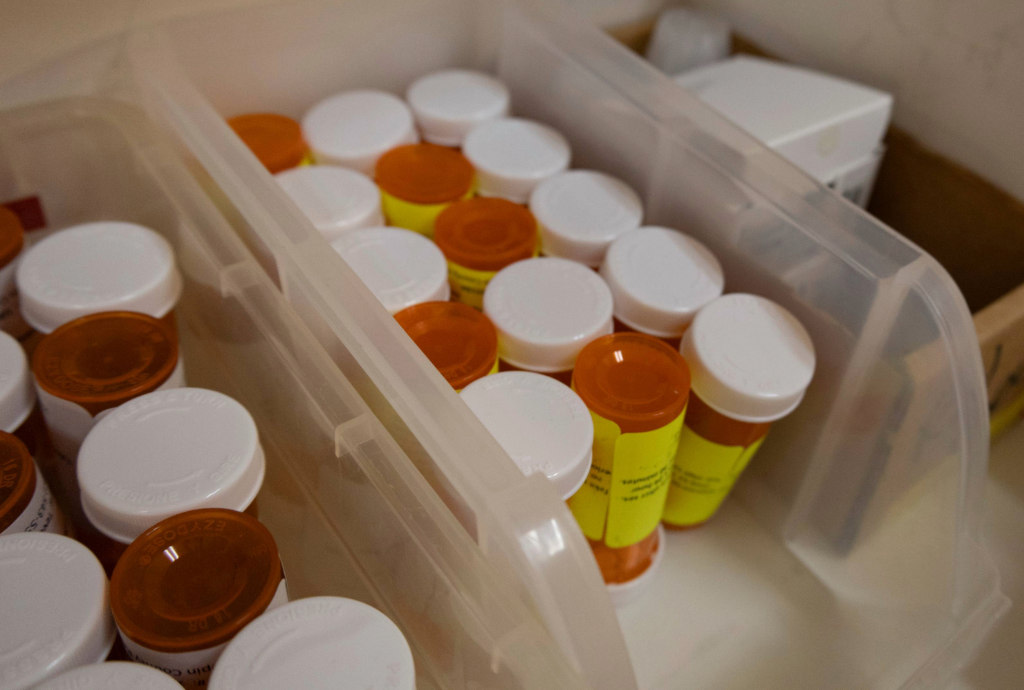 Bottles of doxycycline in the Red Door clinic, which are available to patients without insurance or who face barriers going to the pharmacy. 